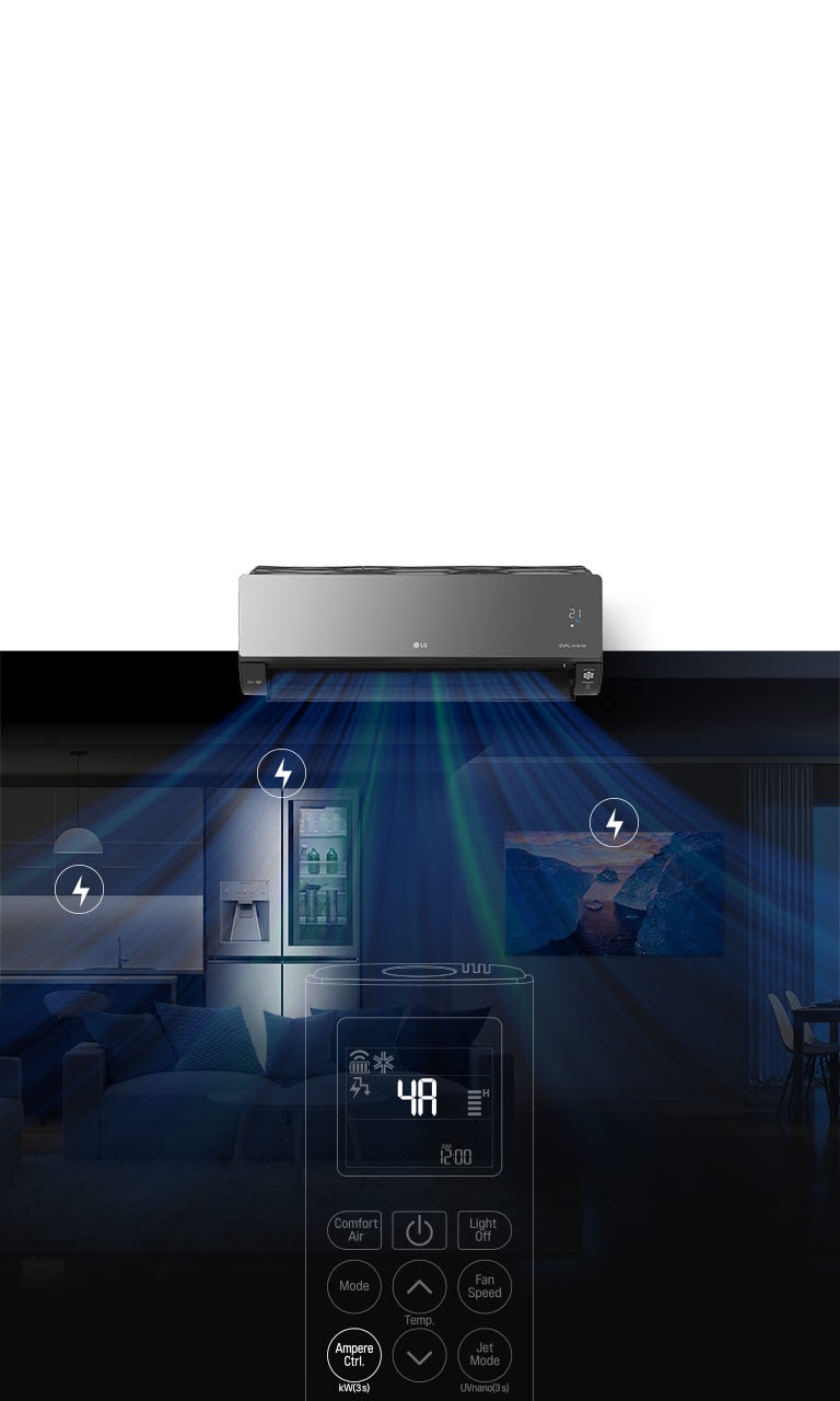 A dark image of a living room/kitchen space is in the background. The refrigerator is lit up and has a lightning bolt icon above it.The remote control device comes onto the screen. The buttons are highlighted as if someone has pushed them and the settings change. A blue light comes from the air conditioner as air. The TV turns on and the lightning bolt icon appears above it. Another burst of blue light comes from the air conditioner as air. The light in the kitchen turns on and the lightning bolt icon below it. 