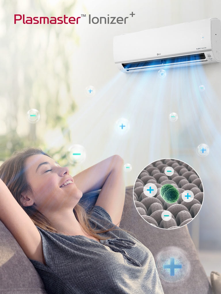 A play/pause button on the bottom indicates this is a video. A woman stretches back smiling on a couch. An LG air conditioner on the wall above her blows out air. Bubbles with plus and minus signs move through the air due to the Plastmaster Ionizer. There is a circle with a magnified view of the plus minus ion bubbles surrounding bacteria and deoderizing it. The Plasmaster Ionizer logo can be seen in the corner of the image.