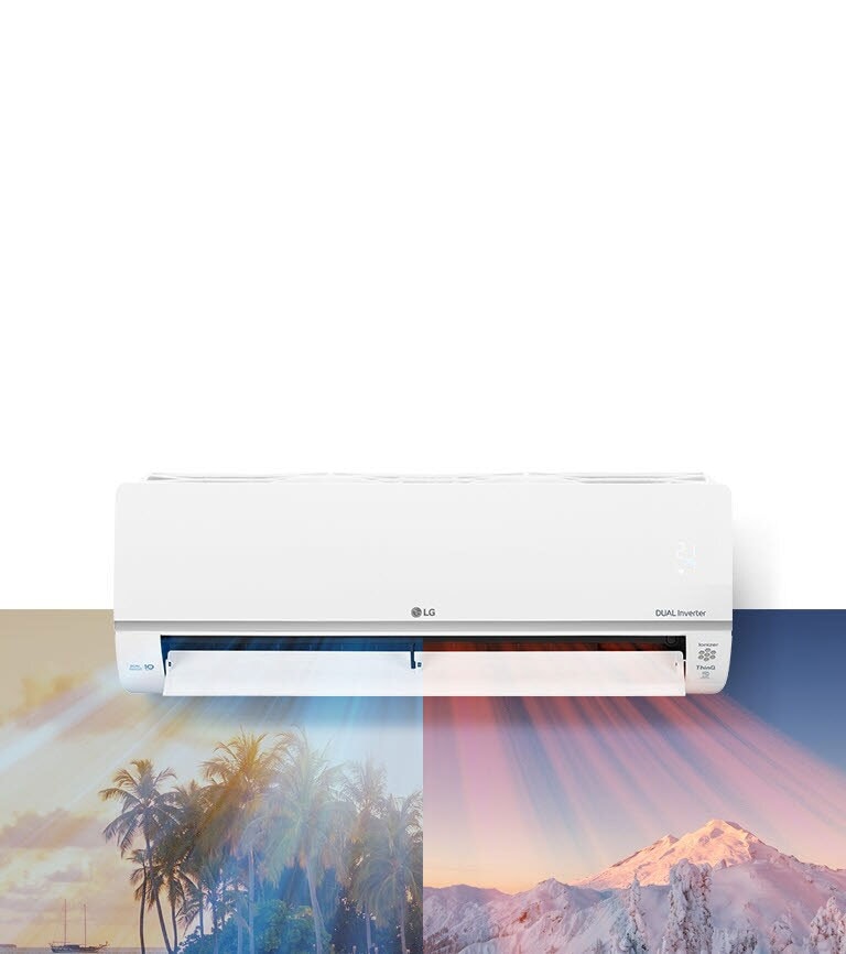 An LG air conditioner is hanging at the top center of the image. Beneath it are two images, one image shows a hot beach scene and the other shows a snowy mountain scene. Air blows out of the air conditioner with cool blue air on the beach scene and warm red air across the snowy scene.