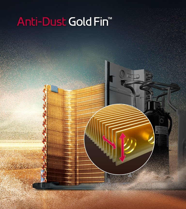 The gold coated machinery is shown in the background against a dusty desert landscape. There is a circle showing a magnified view of the anti-dust gold fin. There are two arrows, one pointing verticle and one perpendicular on the fin showing how it moves.