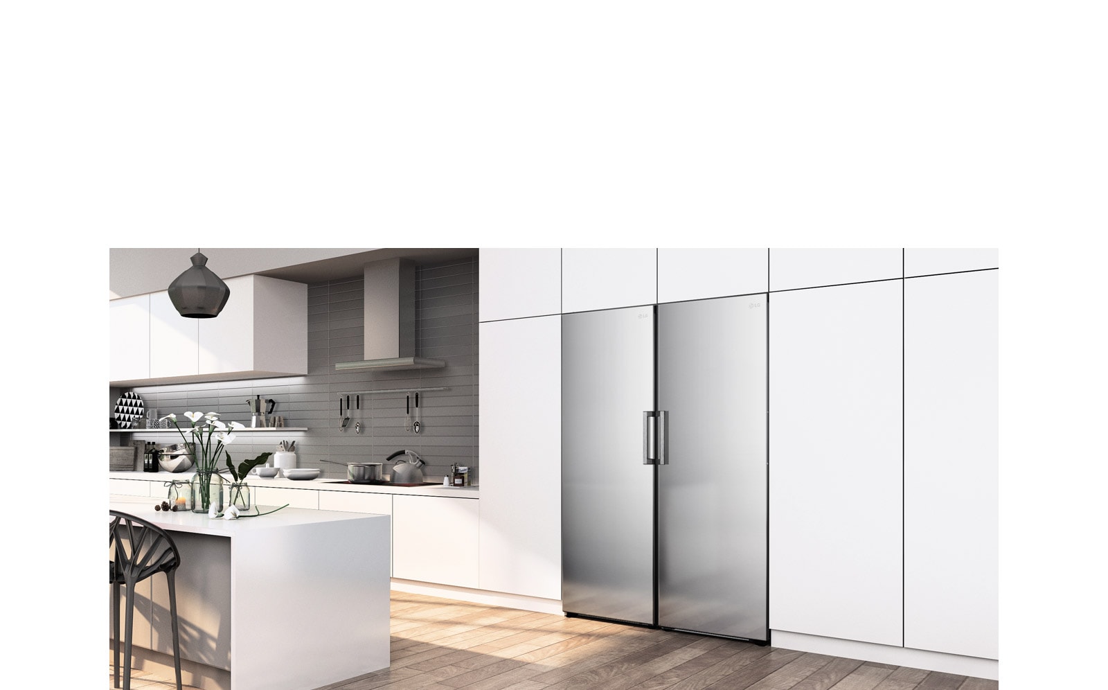 The refrigerator is seen seamlessly fitting into a kitchen.