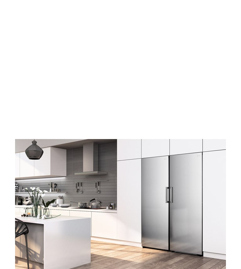 The refrigerator is seen seamlessly fitting into a kitchen.