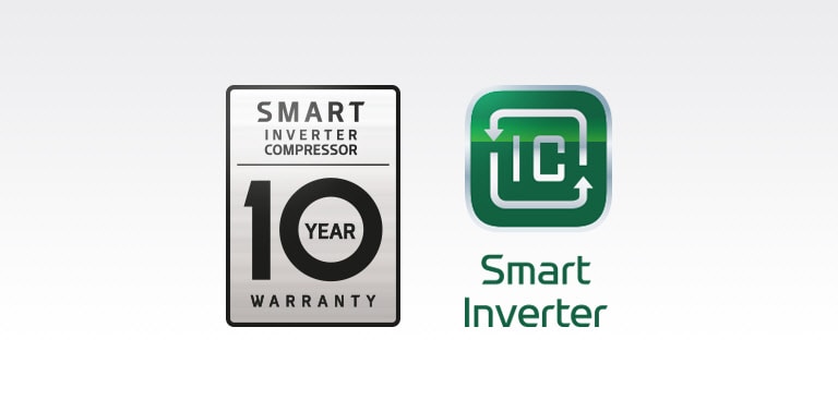 The Smart Inverter Compressor 10 Year Warranty icon is next to the Smart Inverter Compressor icon.