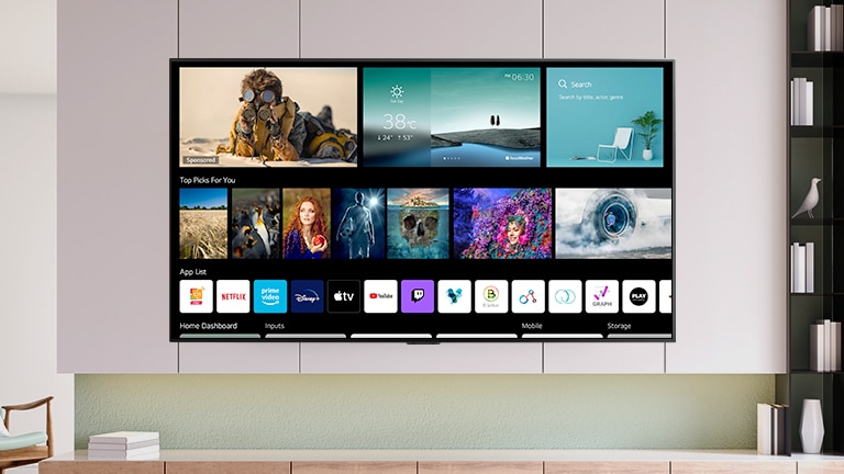 A TV screen displaying newly designed home screen with personalized contents and channels