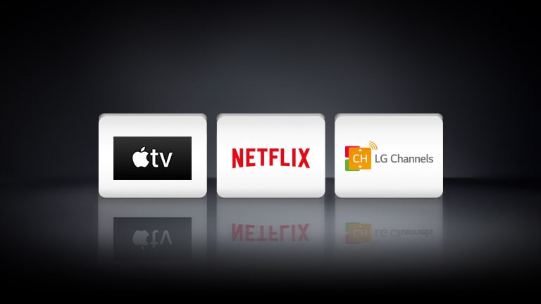 Four app logos shown from left to right: Apple TV, Netflix and LG Channels.