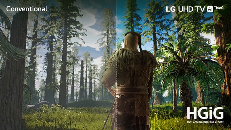 TV screen showing a game scene with the man standing in the middle of a forest. Half is shown on a conventional screen with poor picture quality. Other half is shown on LG UHD TV screen with crisp, vivid picture quality.