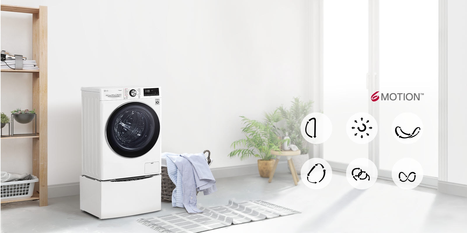 A video shows a white washer sitting at an angle in a room with a basket full of linen next to it. Six icons representing the different motions of the washer for optimal washing fade onto the screen. The LG 6 Motion logo is at the upper right of the six icons.