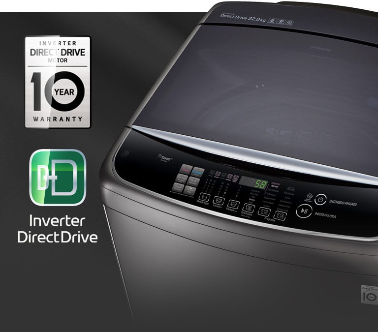 The top view of the washer is shown with the control panel and beside it is the 10 Year Warranty logo and the Inverter DirectDrive logo.The logos have a ray of light glide over them to shine as it does.