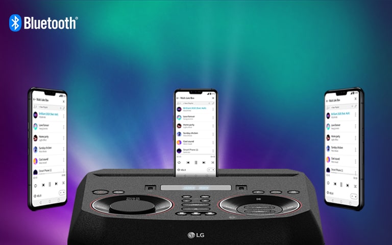 A smartphone is on an LG XBOOM with two other smartphones floating around it. A Bluetooth logo is in the upper left corner.