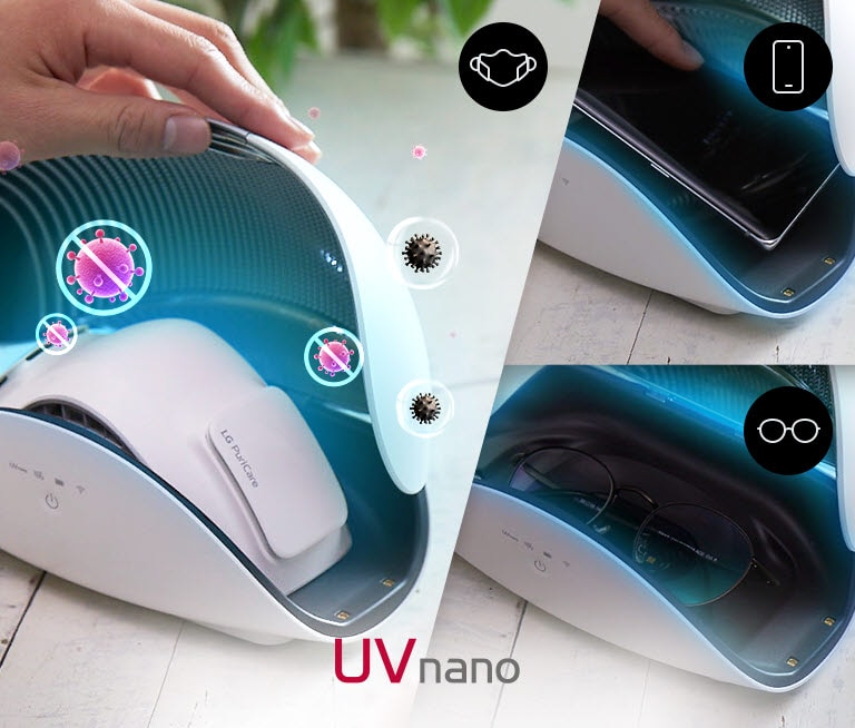 A hand holds open the lid of the purifier case to show the LG PuriCare Wearable Air Purifier sitting inside. Bacteria icons crossed out float nearby indicating there are being Removed. The UV Nano logo is at the center bottom.