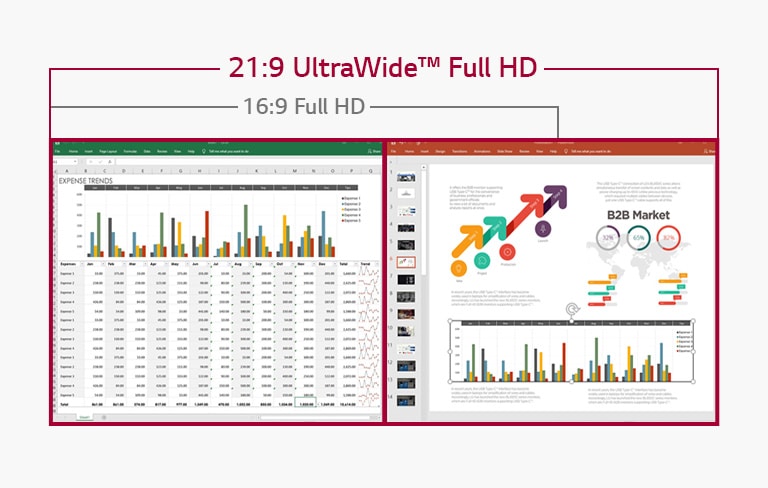 Image of displaying datasheets and slides side by side on the screen of 21:9 UltraWide Full HD, while 16:9 Full HD screen does not allow it due to insufficient space.
