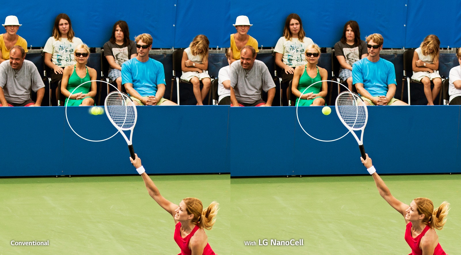 A woman playing tennis. The scene is repeated, the left shows it on conventional TV with blurred motion, the right shows it on LG NanoCell TV with sharp, clear pictures.