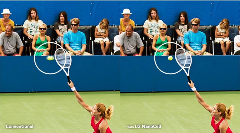 A woman playing tennis. The scene is repeated, the left shows it on conventional TV with blurred motion, the right shows it on LG NanoCell TV with sharp, clear pictures.