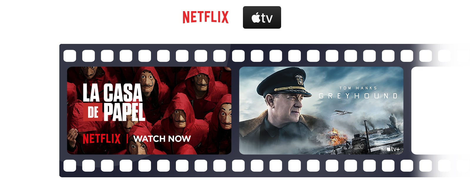 The logo of Netflix, Disney+, Amazon Prime Video, and Apple TV are in line horizontally. Under the logos, a poster of Borat Subsequent Movie Film from Amazon Original, La Casa de Papel from Netflix, WandaVision from Disney+, and Greyhound from Apple TV are also in line horizontally.