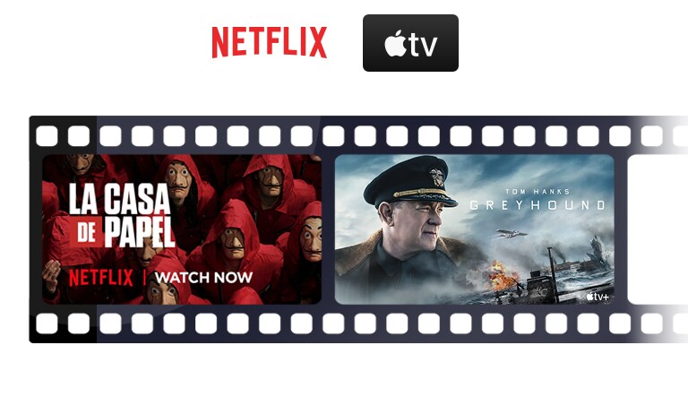 The logo of Netflix, Disney+, Amazon Prime Video, and Apple TV are in line horizontally. Under the logos, a poster of Borat Subsequent Movie Film from Amazon Original, La Casa de Papel from Netflix, WandaVision from Disney+, and Greyhound from Apple TV are also in line horizontally.