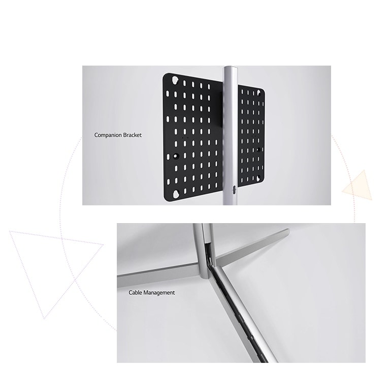 Two images, top one shows the bracket for mounting and the lower image shows the stand.