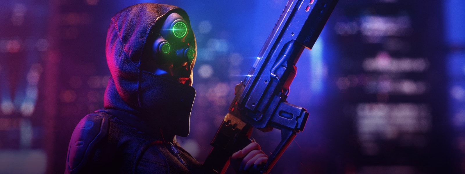 A person in futuristic gear holding a large gun against a bright background.