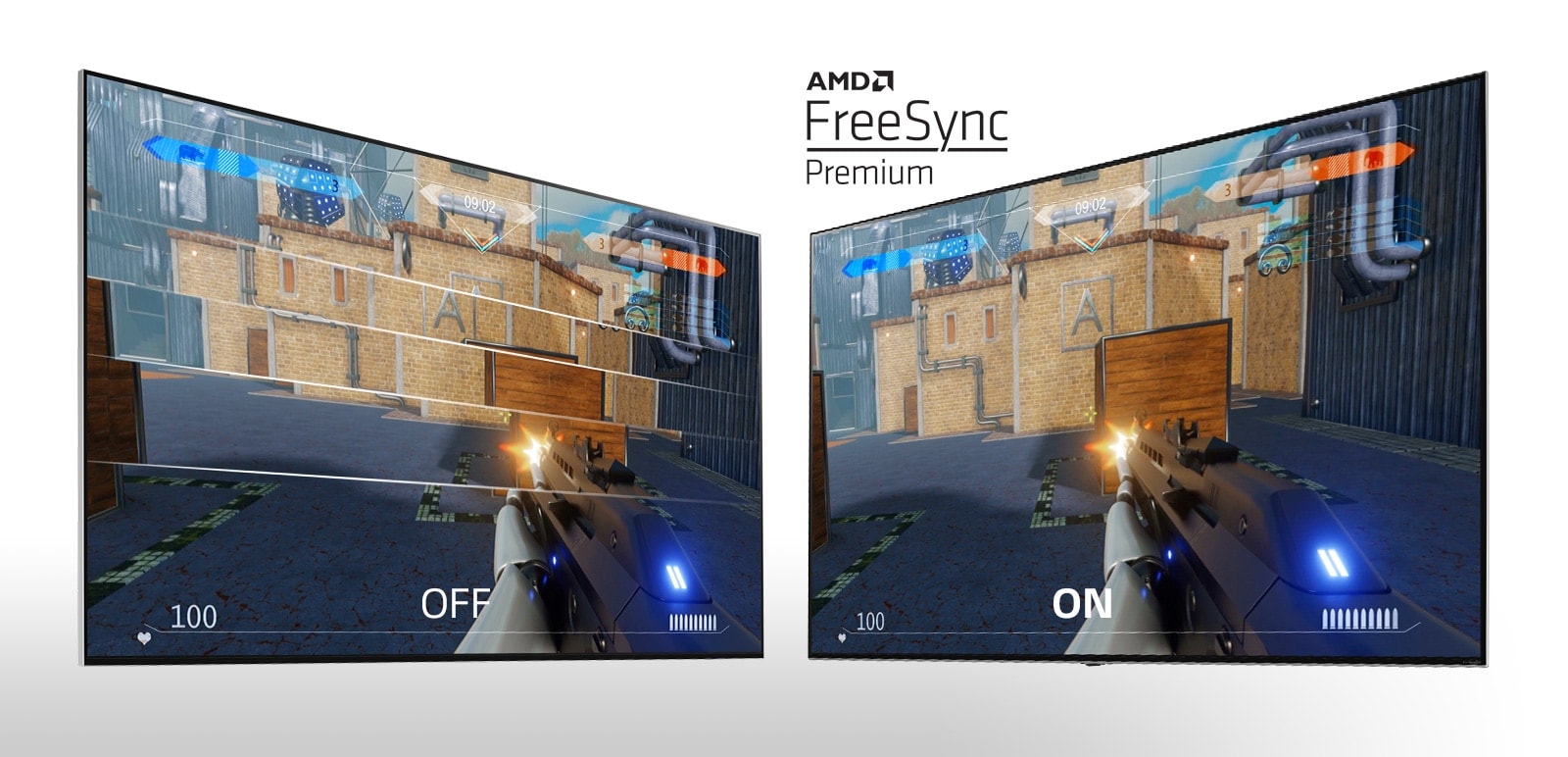 Two TV screens side by side showing a shooting game. The left shows FreeSync off and the right FreeSync on.