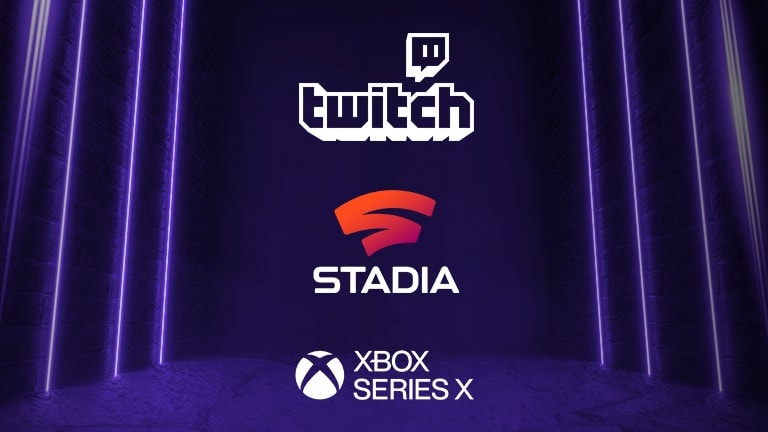 Xbox, Google Stadia, and Twitch icons against a purple background.