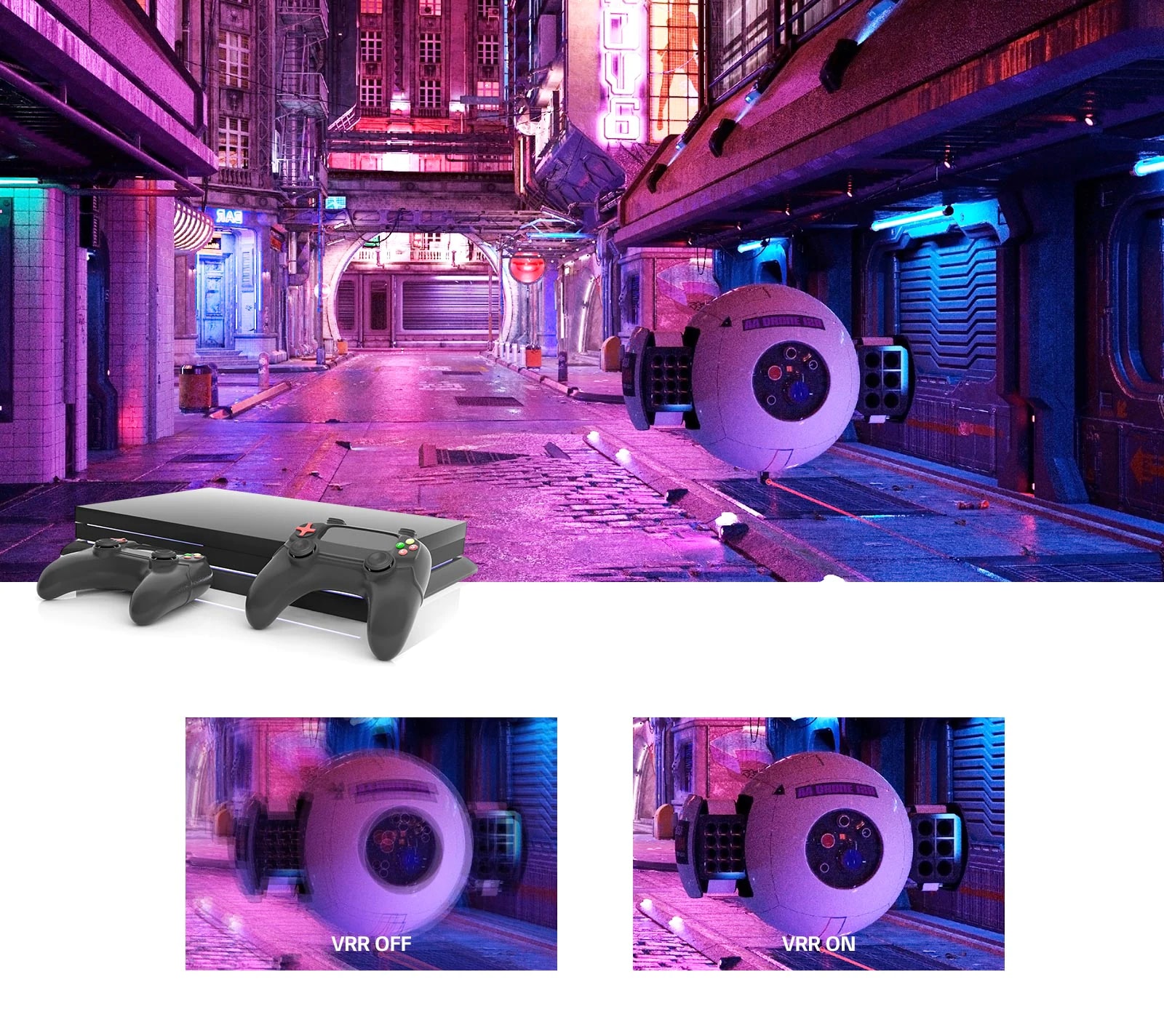 A pink lit street with a futuristic robotic contraption and a gaming console on top of the image. Below two close ups of the robotic contraption, the left blurred showing VRR off and the right sharp showing the image with VRR.