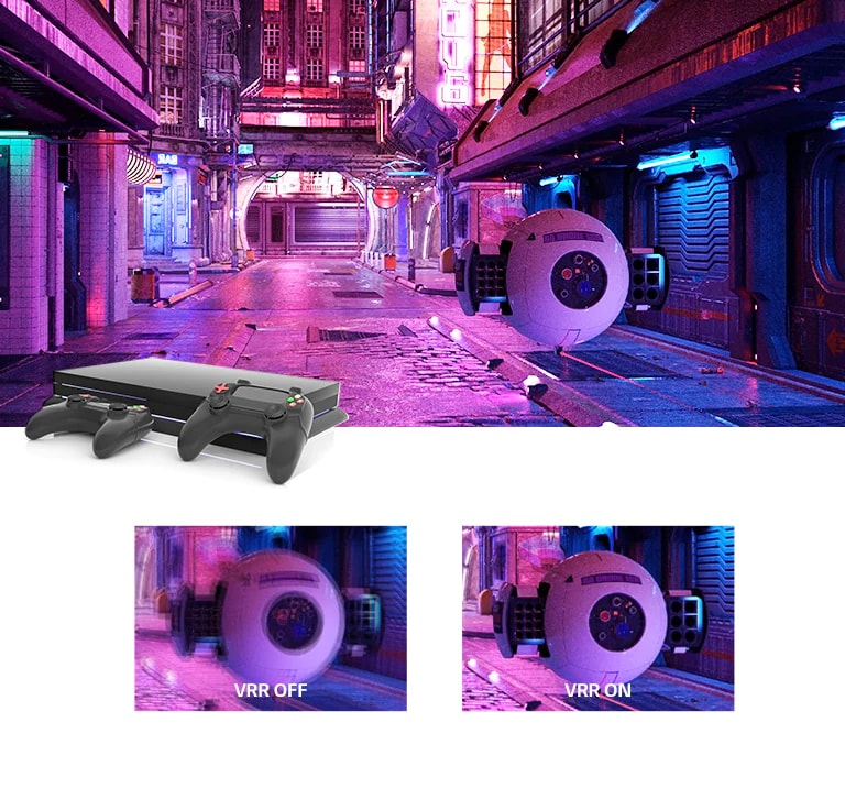 A pink lit street with a futuristic robotic contraption and a gaming console on top of the image. Below two close ups of the robotic contraption, the left blurred showing VRR off and the right sharp showing the image with VRR.