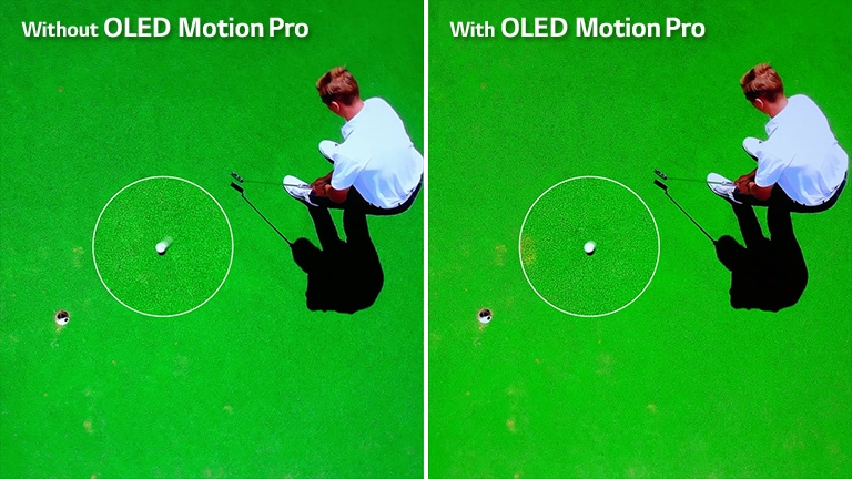 An image of a golf player hitting a golf ball to the hole and a close up of a blurry golf ball is located left with the text of ‘Without OLED Motion Pro’ on the upper left of the image. An image of a golf player hitting a golf ball to the hole and a close up of a clearer golf ball is located right with the text of ‘With OLED Motion Pro’ on the upper left of the image.