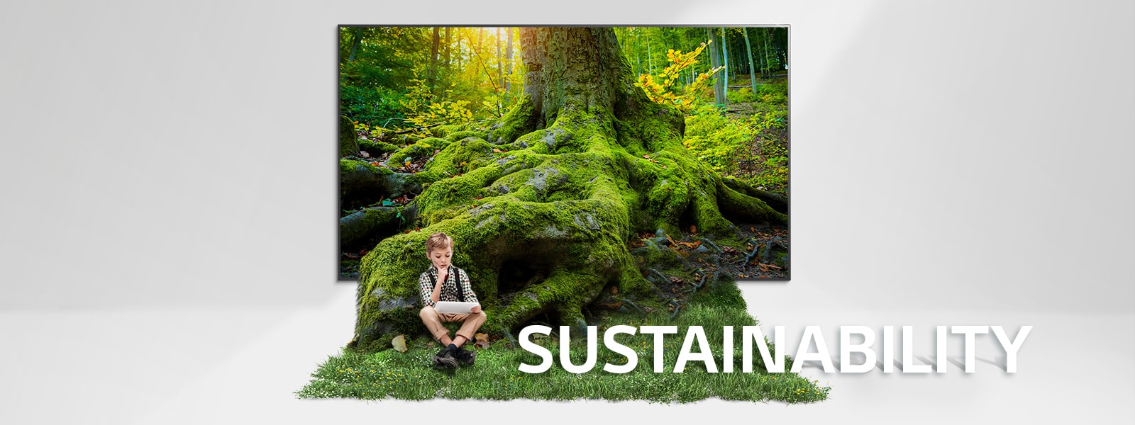 A root of a giant tree is coming out from a tv screen and covering a floor with a grass. A child is sitting on the grass.