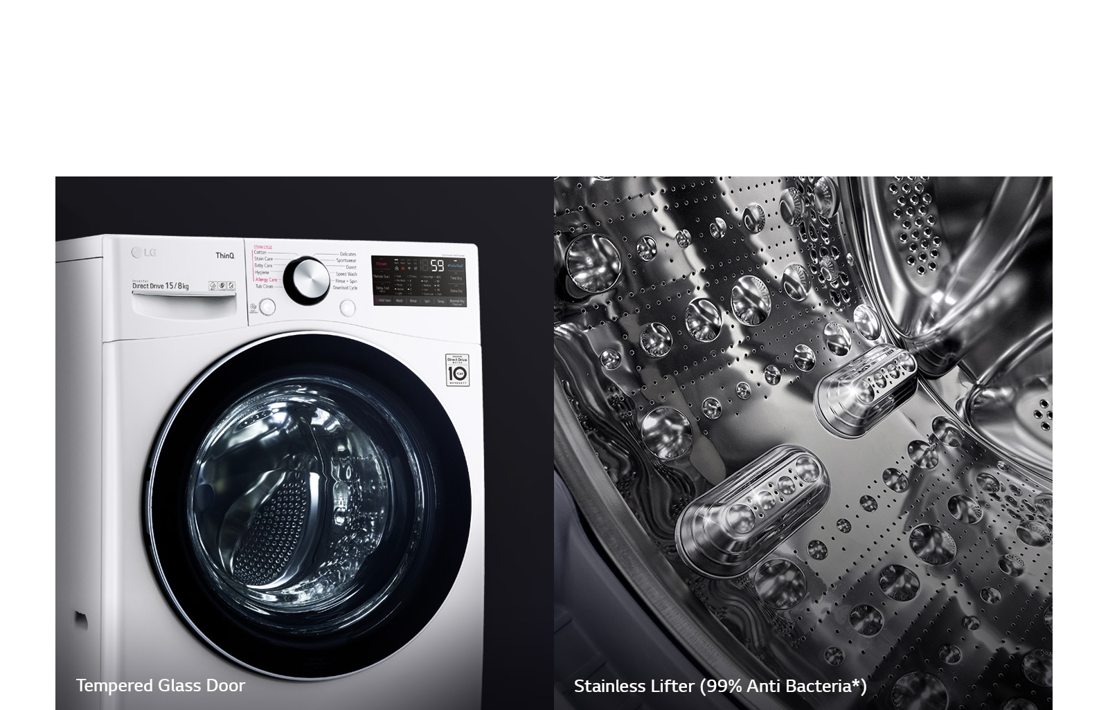 One image shows the front of the washing machine front load washer bringing focus to the tempered glass door. Second image shows the interior of the drum with focus on the stainless steel design.