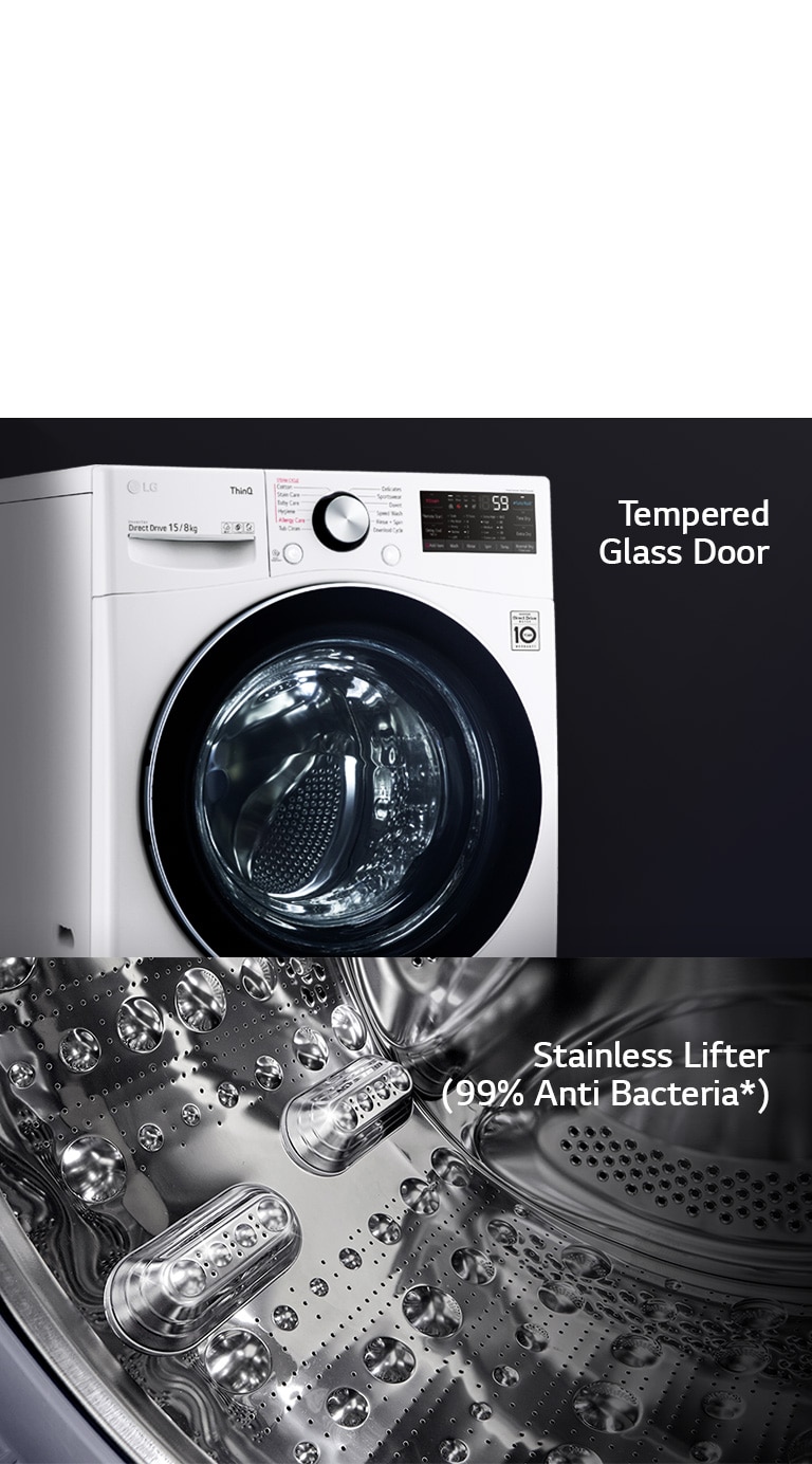 One image shows the front of the washing machine front load washer bringing focus to the tempered glass door. Second image shows the interior of the drum with focus on the stainless steel design.