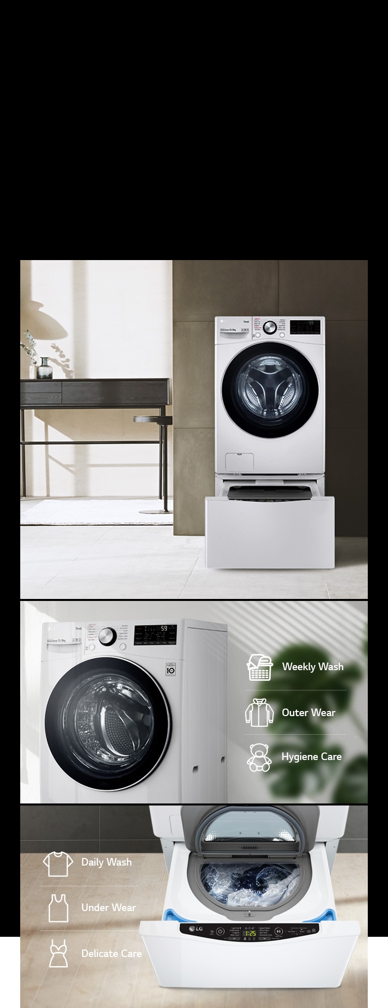 A collage of images showcasing the TWINWash Mini Compatible washer in a modern style home. Images show the front of the washer with door closed and two images show the bottom drawer open.