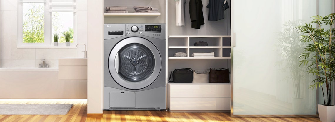 The Condensing Type Dryer is shown in a bathroom, with two side by side in a utility room, with two dryers stacked one on top of the other on a veranda, and with one in a living room closet. 