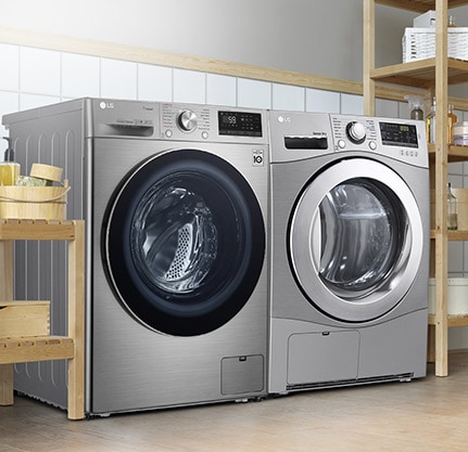 The Condensing Type Dryer is shown in a bathroom, with two side by side in a utility room, with two dryers stacked one on top of the other on a veranda, and with one in a living room closet. 