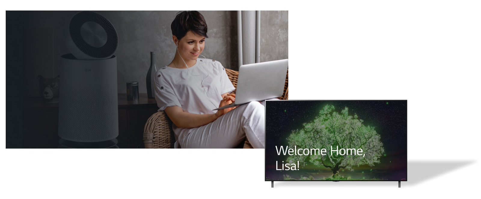 Image shows a woman seated in a chair at home and typing on a laptop. Behind her is an air purifier. Next to her is a flat screen TV displaying the words "Welcome Home, Lisa!