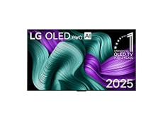 تلفزيون LG OLED Z3 مثبت على حامل بقاعدة أرضية يعرض صورة تجريدية ملونة. 
